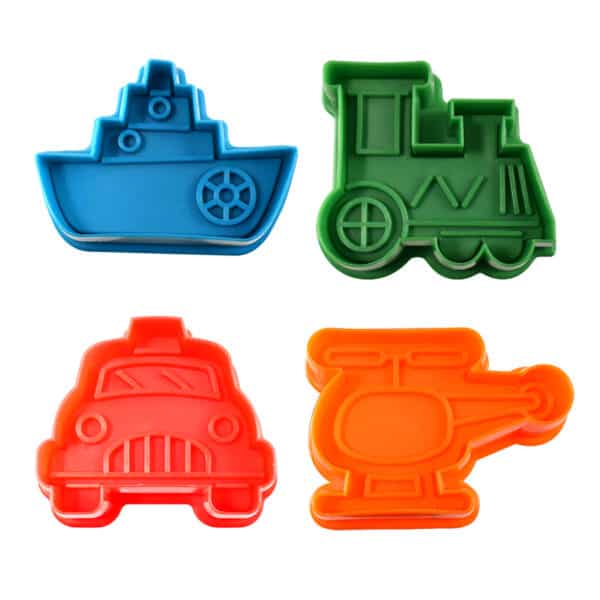 Set of 4 Transportation pastry and cookie stamper set. Includes Boat, Helicopter, Train, and Car.