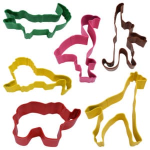 colorful safari animal cookie cutter set with alligator, elephant, giraffe, flamingo, monkey and lion shapes