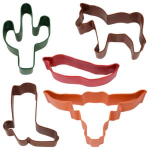 southwest cookie cutter set with cactus, cowboy boot, horse, longhorn and chili pepper shapes