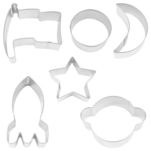 space cookie cutter set with rocket, star, flag, planet, crescent and biscuit cutter