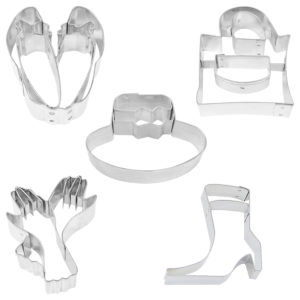 lady themed cookie cutter set with purse, hat, gloves, slippers and boot shapes