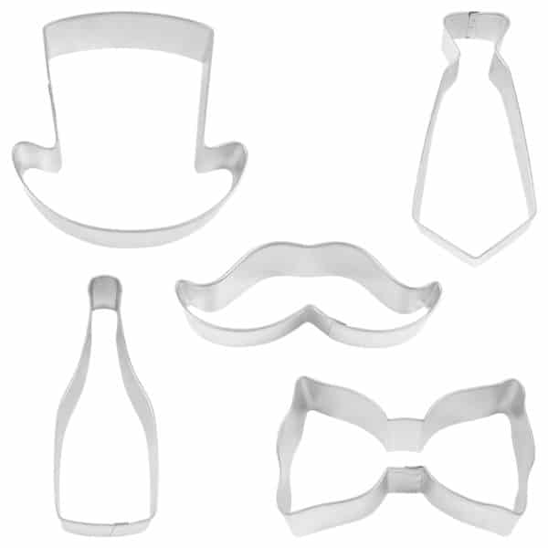 cookie cutter set with tophat, mustache, bowtie, tie, champagne bottle