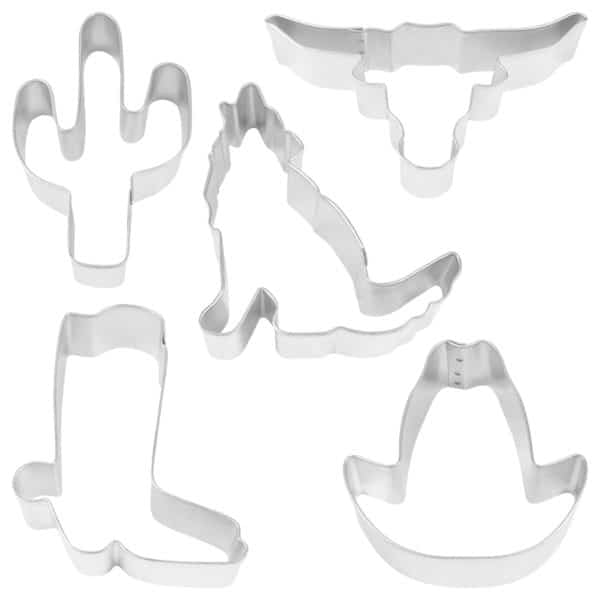 southwest cookie cutter set with cactus, longhorn, cowboy hat, boot and coyote