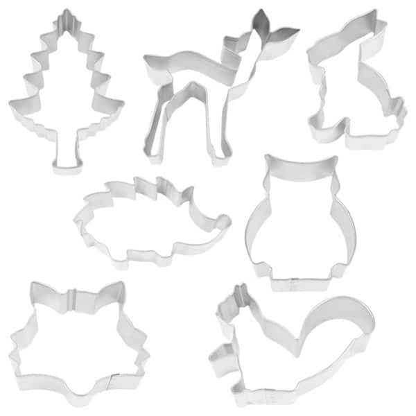 animal cookie cutter set with squirrel, owl, fox, rabbit, hedgehog, fawn and tree shapes