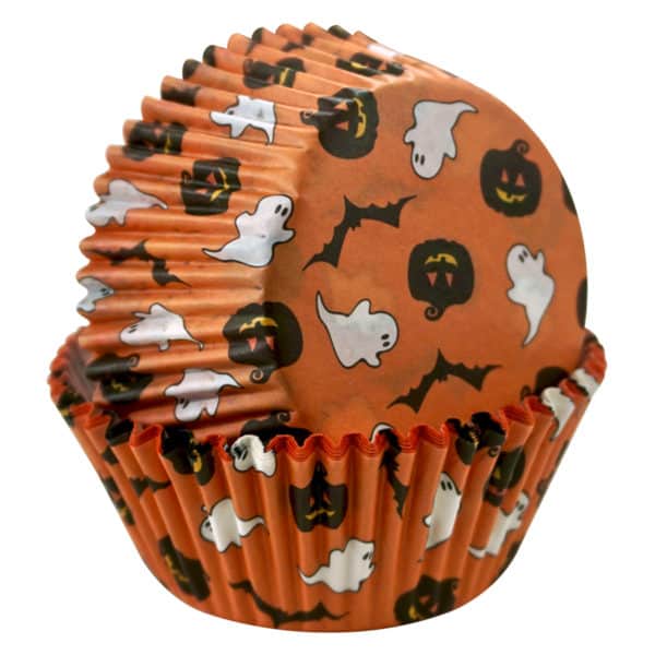 halloween cupcake liner with ghosts, bats, jack-o-lanterns