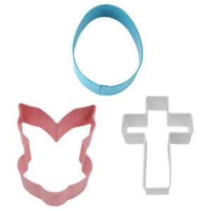 easter cookie cutters with egg, bunny and cross shapes